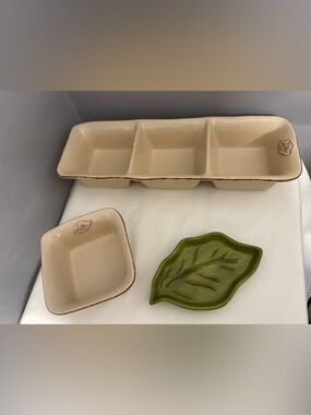 Tastefully Simple Serveware, 3 Section Dip Tray, 1 Dip  Dish and Leaf Dish